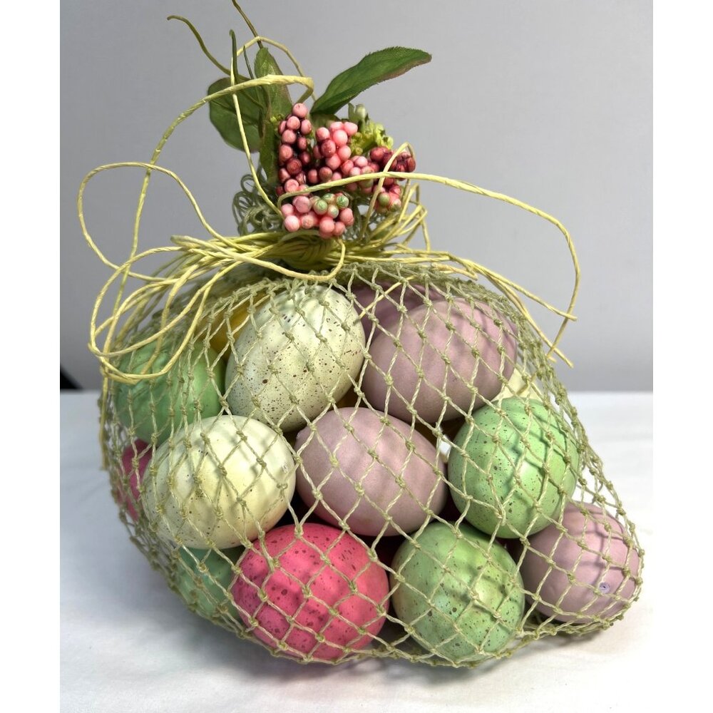 Decorative Speckled Faux Eggs In Mesh Bag With Floral Accents 18 Count